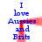 Blue text reading "I love Aussies and Brits" arranged in two vertical with red pixelated motion trails on a white background