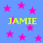 Blue background with scattered pink stars and four instances of the text 'JAMIE' in bright yellow, each star having a soft blurred edge.