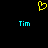 Yellow pixelated heart symbol above two cyan 'Tim' text labels on black background.