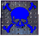 Blue skull and crossbones icon with black outlines on a speckled gray background, transitioning to solid black version.