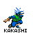 Four pixel-art frames of a character in blue pants and green vest running with arms outstretched, each labeled "KAKASHI" below.