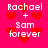 Pixelated text 'Rachael + Sam forever' on bright pink background with red heart shapes, two versions of the same design displayed side-by-side.