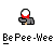 Pixel art contact sheet showing two frames of an animated buddy icon with a character holding a red object, below which is repeated text "BePee-Wee" in pixelated font.