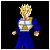 Pixelated character with spiky blonde hair in blue and white outfit against black background, transitioning to same character surrounded by orange-yellow flames on white.