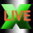 Static pixelated icon featuring a large green X shape with orange text "LIVE" overlaid, set against a grayscale gradient background.