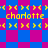 Yellow text 'charlotte' appears on a blue and magenta checkered background with yellow arrow patterns.