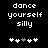 Pixelated text 'dance yourself silly' in white on black background with five heart symbols below, one grayed out.