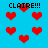 Blue background with red pixelated hearts and repeated black text 'CLAIRE!!!' in multiple positions.