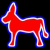 Red donkey silhouette with blue outline on black background, surrounded by text variations in red and blue.