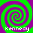 Four identical spiral patterns in green and purple with the text 'Kennedy' displayed below each spiral on a solid background.