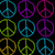 peace signs in cyan, purple, green, and yellow on black background with a heart-shaped cluster of colorful peace signs above and neon text below