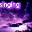 Purple and white pixelated clouds with text fragments 'singing', 'in the', and 'rain' displayed in white letters on purple backgrounds.