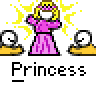 Pixel art contact sheet showing two animated frames of a princess character with yellow sparkles, flanked by crystal balls on golden bases, next to promotional text for badassbuddy.com.