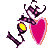 Pixelated static icon featuring a stylized purple character with black accents holding a yellow object and pink heart, set against gray background.