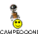 Animated sequence of a small figure with dark helmet and brown torso interacting with yellow smiley face on gray background.