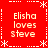 Red background with white dotted and dashed borders, four identical text blocks reading "Elisha loves Steve" in pixelated font surrounded by snowflake symbols.