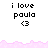 Pixelated text 'i love paula' with heart symbol '<3', pink wave border, and gray block on right side.