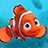 Pixelated orange clownfish with white stripes swims against blue background, red text reads 'Finding Nemo Rules!!' on right side.
