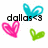 Pixelated icon with black text 'dallas<3', a cyan butterfly, pink heart, and green heart on white background.