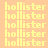 yellow 'hollister' text on a peach background with intermittent light purple horizontal bars