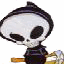 A cartoon skeleton with large black eye sockets, wearing a dark hooded cloak and holding a golden scythe-like object.