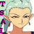 Pixelated anime-style character with light blue hair and red earrings, two versions showing different vertical text on left and right sides.