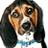 Pixelated close-up of a dog with long dark ears, light brown face, and white chest wearing a blue-accented garment.