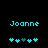 Pixelated cyan text 'Joanne' above two of cyan and teal heart symbols on a black background