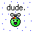 Pixel art buddy icon featuring a green spherical character with propeller, rainbow headband, and open mouth expression above the text 'dude.' on white background with blue squares.