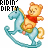 A cartoon bear in a red shirt and green shorts rides a light blue rocking horse, with 'RIGIN' DIRTY text above the figure.