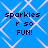 Blue background with white diamond lattice pattern and four identical text blocks reading "sparkles r so FUN!" in black pixelated font.