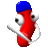Pixelated red cylindrical figure with blue cap, white arms, large white eyes with black pupils, and a curved white tail on gray background.