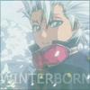 Anime-style character with silver hair and green eyes, wearing a red mouthguard and dark clothing, with a blurred background and text overlay.