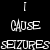 Black and white pixelated text displays 'I CAUSE SEIZURES' with a vertical line above 'I' on black background and inverted on white background.