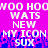 Pixelated text on a bright pink background with blue pixelation at the bottom, displaying repeated phrases in white block letters.