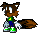 Pixel art character with brown fur, white muzzle, green shoes, blue pants, and green shirt with yellow symbol, shown in four poses with tail and arm positions changing.