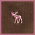Pixelated pink deer with white legs and red eyes stands against dark brown background, head slightly turned left.