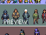 Pixel art character sprites displayed in a grid layout with 'PREVIEW' text overlay on the central panel.