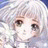A 48x48 pixel animated buddy icon featuring a close-up of an anime-style character with white hair and brown eyes on the left, paired with text elements on a black background to the right.