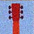 A pixelated red guitar headstock with six black tuning pegs against a light blue background.
