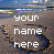 A 2x2 contact sheet of three animated frames showing a beach scene with text "your name here" in different colors over sand and water background.