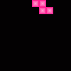 Pink pixelated shapes transition from scattered blocks to heart forms with 'love' text below, all on black background.