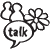 Pixelated black-and-white icon featuring a speech bubble with 'talk' text, two abstract shapes above, and a flower-like symbol to the right on a gray background.