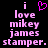 Pixelated pink text on black background reads 'i love mikey james stamper.' with a pink heart symbol replacing the 'o' in 'love' in the first frame.