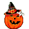 Two pixelated pumpkin icons with witch hats, one winking and smiling, the other glowing with yellow light.