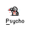 A 4x4 contact sheet of a pixel art animation featuring a white stick figure with red accents holding a blood-splattered object, displayed under the text "Psycho" on a gray background.