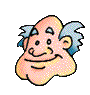 Pixelated cartoon head with peach skin, blue-gray hair, and red mouth showing teeth in various expressions