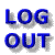 Blue 'LOG OUT' text with gray drop shadow on white background, transitioning through partial letter removal and paper-peel effects.
