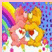 Pixelated static icon featuring two cartoon bears with pink and yellow fur against a rainbow-colored background, surrounded by small colored dots on a light pink border.