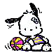 Animated cartoon dog with black ears and a purple-yellow striped shirt holds a pink-purple basketball, showing motion across frames.